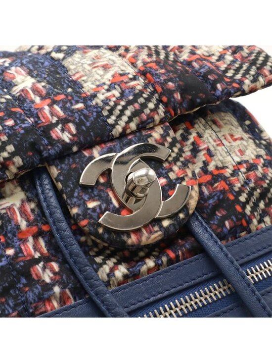 Chanel Tweed Print Chain Shoulder Rucksack Sac Backpack Nylon Blue main image 6